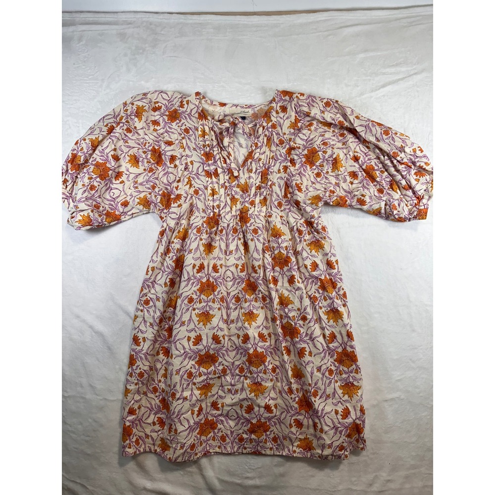 Universal Thread Floral Mini Dress XS Cream Orange Boho‎ Puff Sleeve Womens